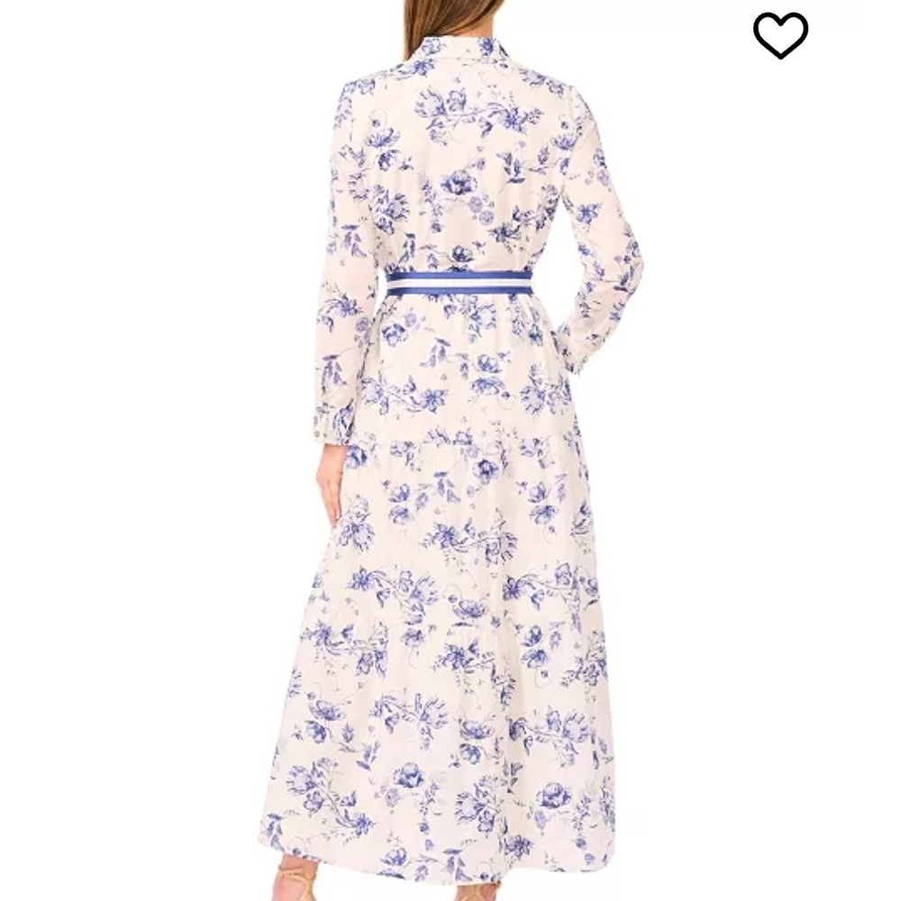CeCe Blue and White Floral Long Sleeve Dress - Picture 2 of 7